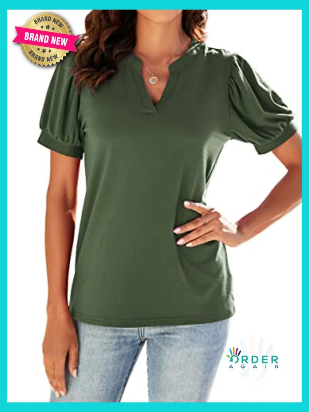 Olive Green V-Neck Puff Short Sleeve Blouse Tunic Dressy Casual Tops Soft - Picture 3 of 7